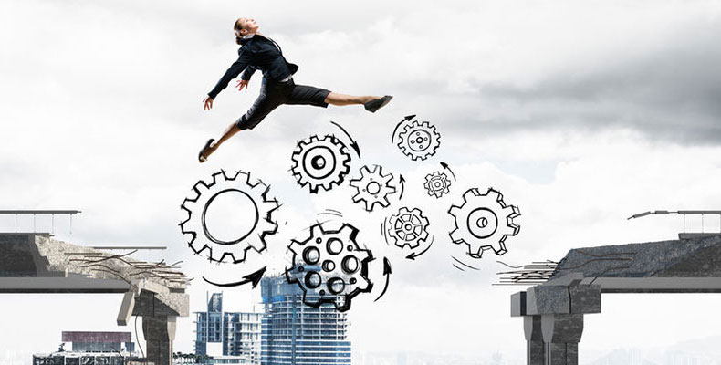 woman jumping over gears