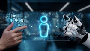 A robot and a hand pointing at a blue light AI-generated content may be incorrect.